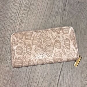 Zip-Around Snake-Embossed Wallet in Beige